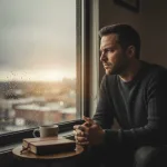 A thoughtful person looking out a window, contemplating their struggle to find god in faith during a difficult, anxious time.