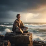 A person sits peacefully on a rock overlooking a stormy sea, trusting that god is in control of the chaos.