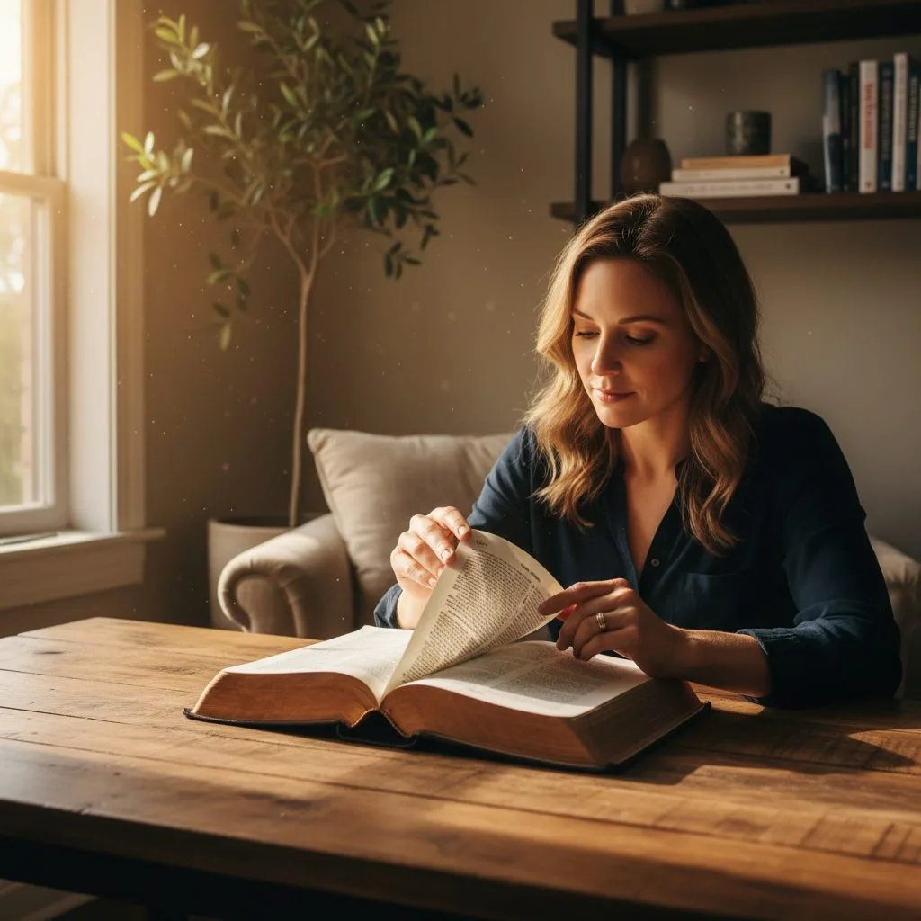 A woman finds peace by reading scripture to calm anxiety in a quiet, sunlit room.