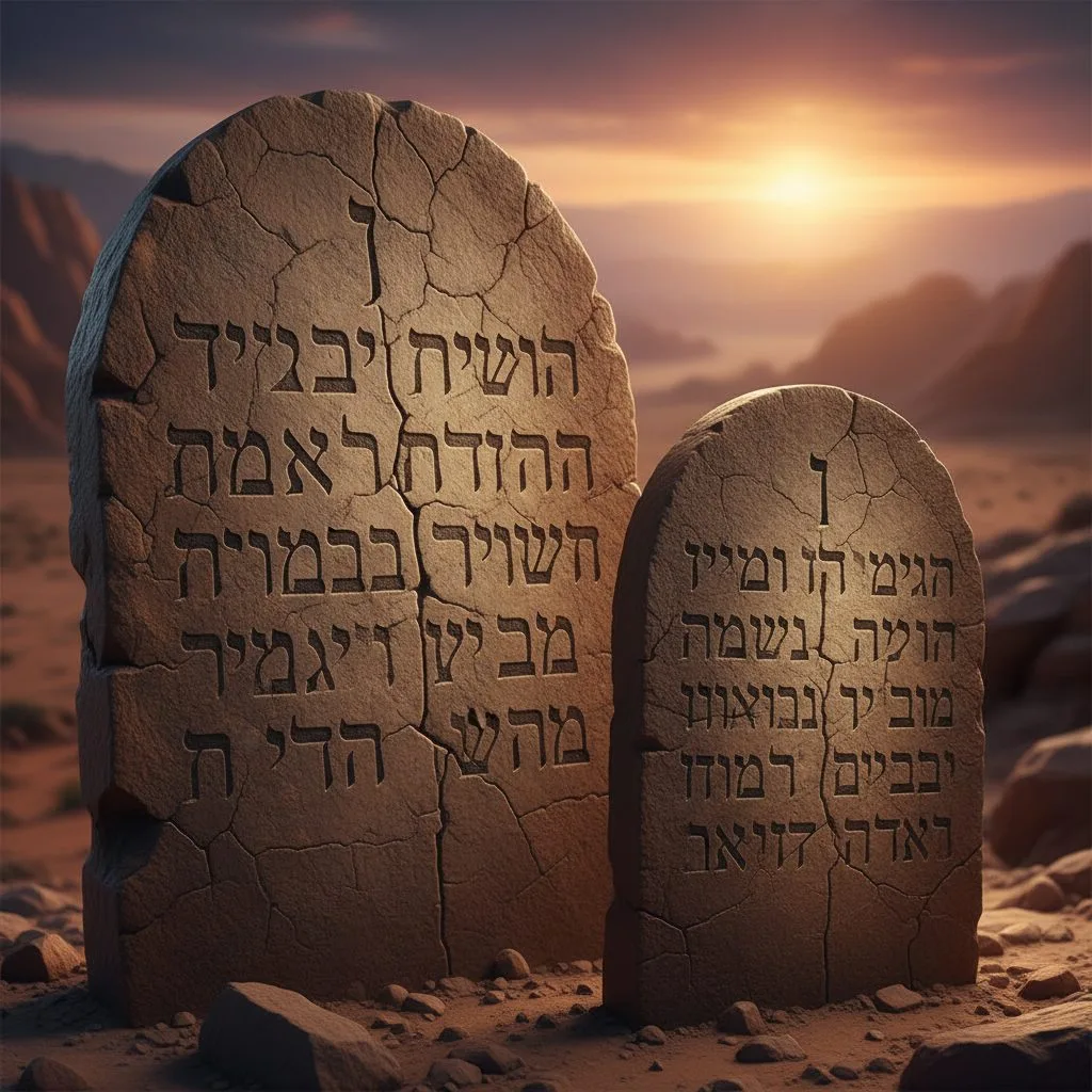 Close-up of stone tablets with the First Commandment, a biblical warning against gods worship.