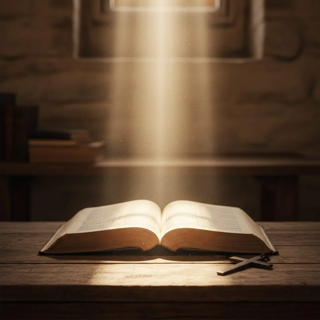 Radiant light from above illuminates an open Holy Bible, symbolizing the divine relationship between God and Bible.