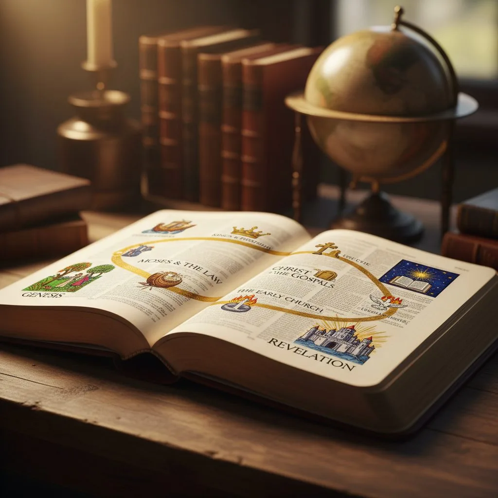 An open god bible with a visual timeline showing the grand narrative of the holy scripture from Genesis to Revelation.