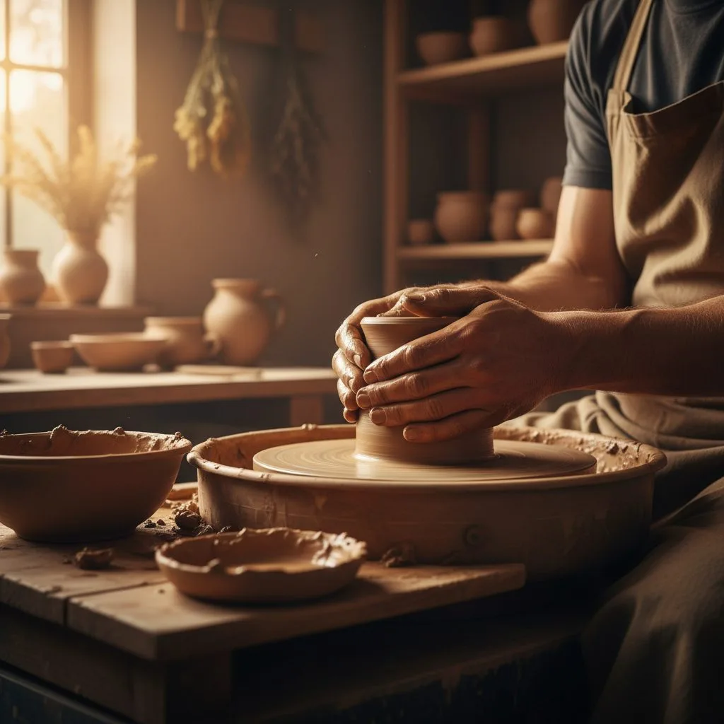 A craftsman's hands covered in clay while working at a pottery wheel, illustrating the concept of performing godly work wi...
