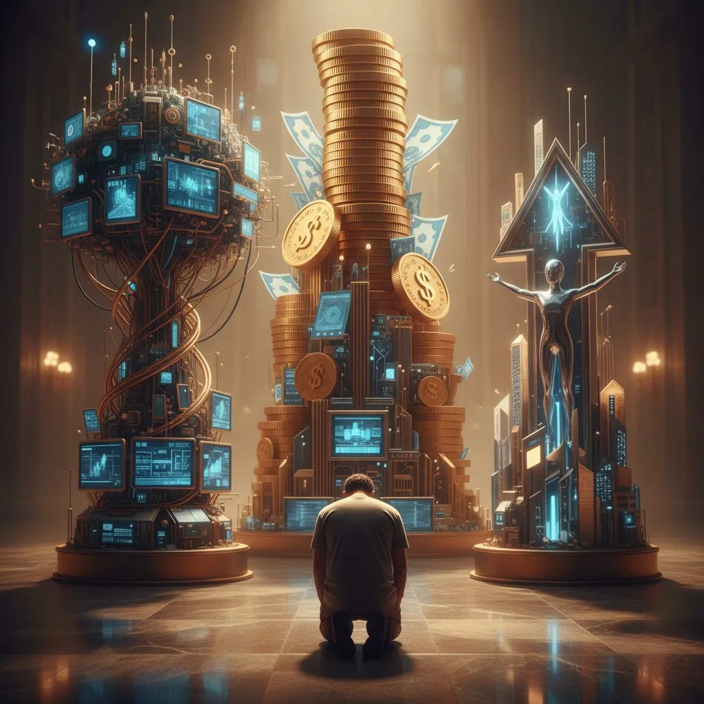 Man engaging in gods worship by kneeling before modern idols of money, technology, and success, illustrating the dangers o...