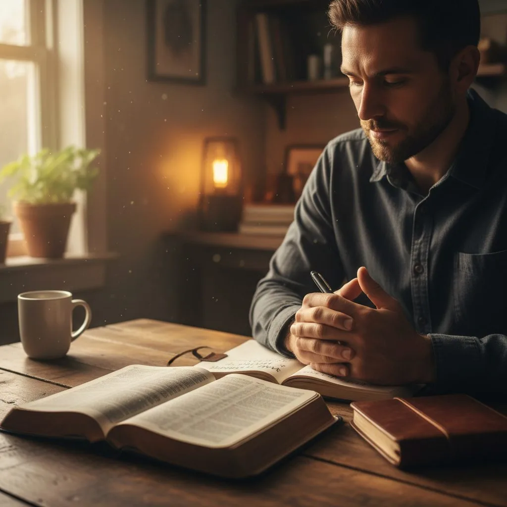 A man sits at a wooden table with an open Bible and journal, finding help with prayer by writing down his 'why' to strengt...