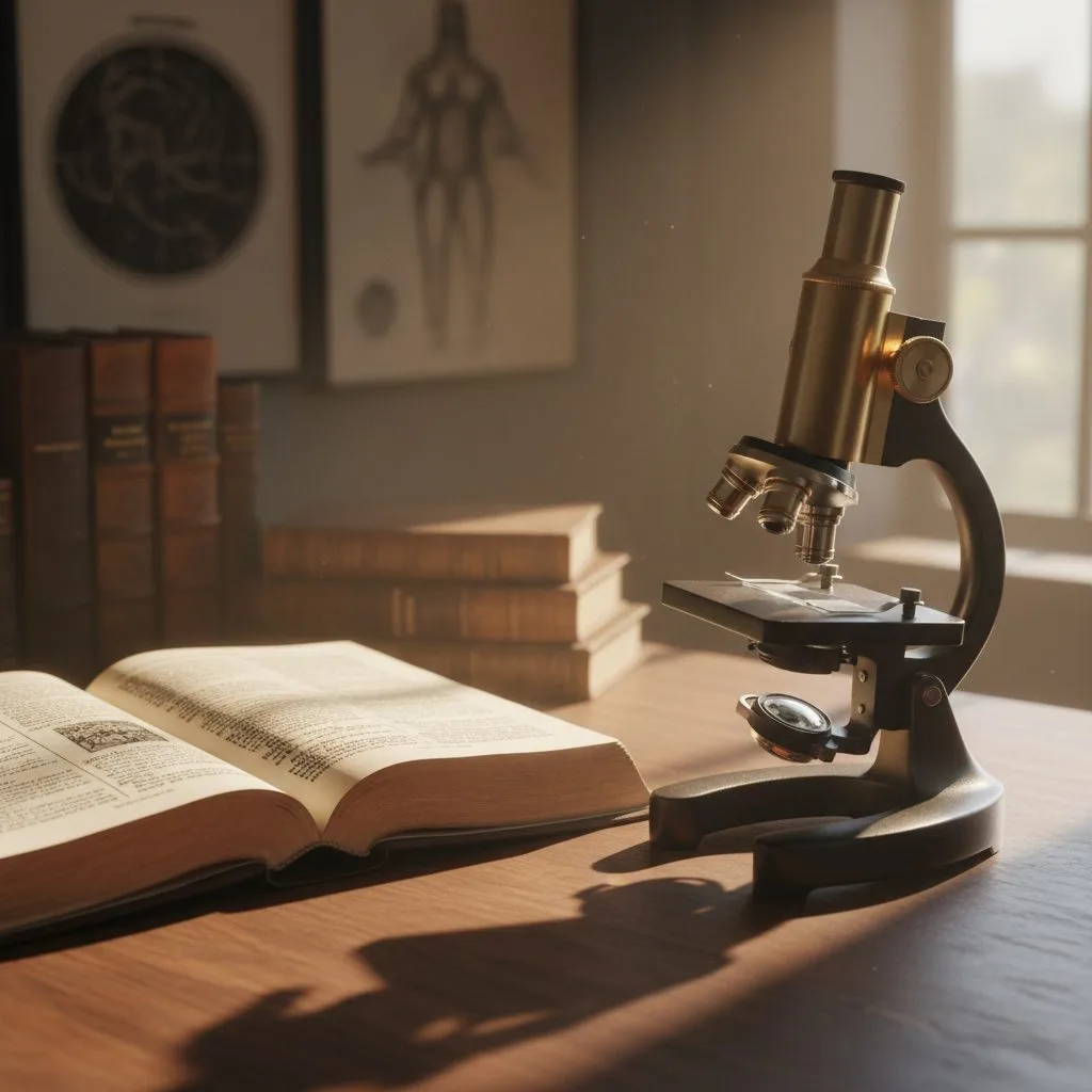 A microscope and an open Bible on a desk, illustrating the historical harmony between the bible and science.