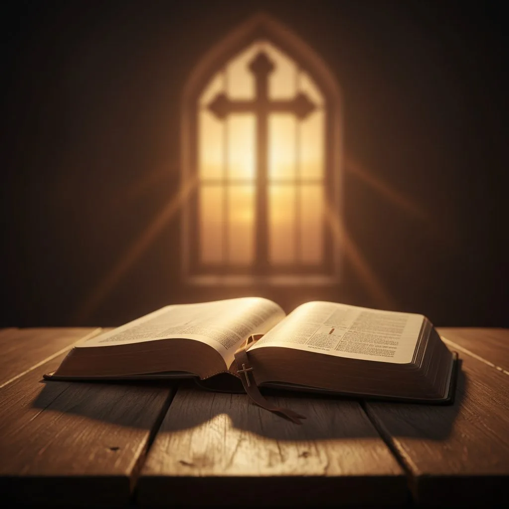 An open Holy Bible rests on a wooden table, symbolizing the foundational relationship between the bible and christianity.