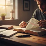 A person preparing for their bible study in the bible with an open scripture, a notebook, and a pen on a desk.