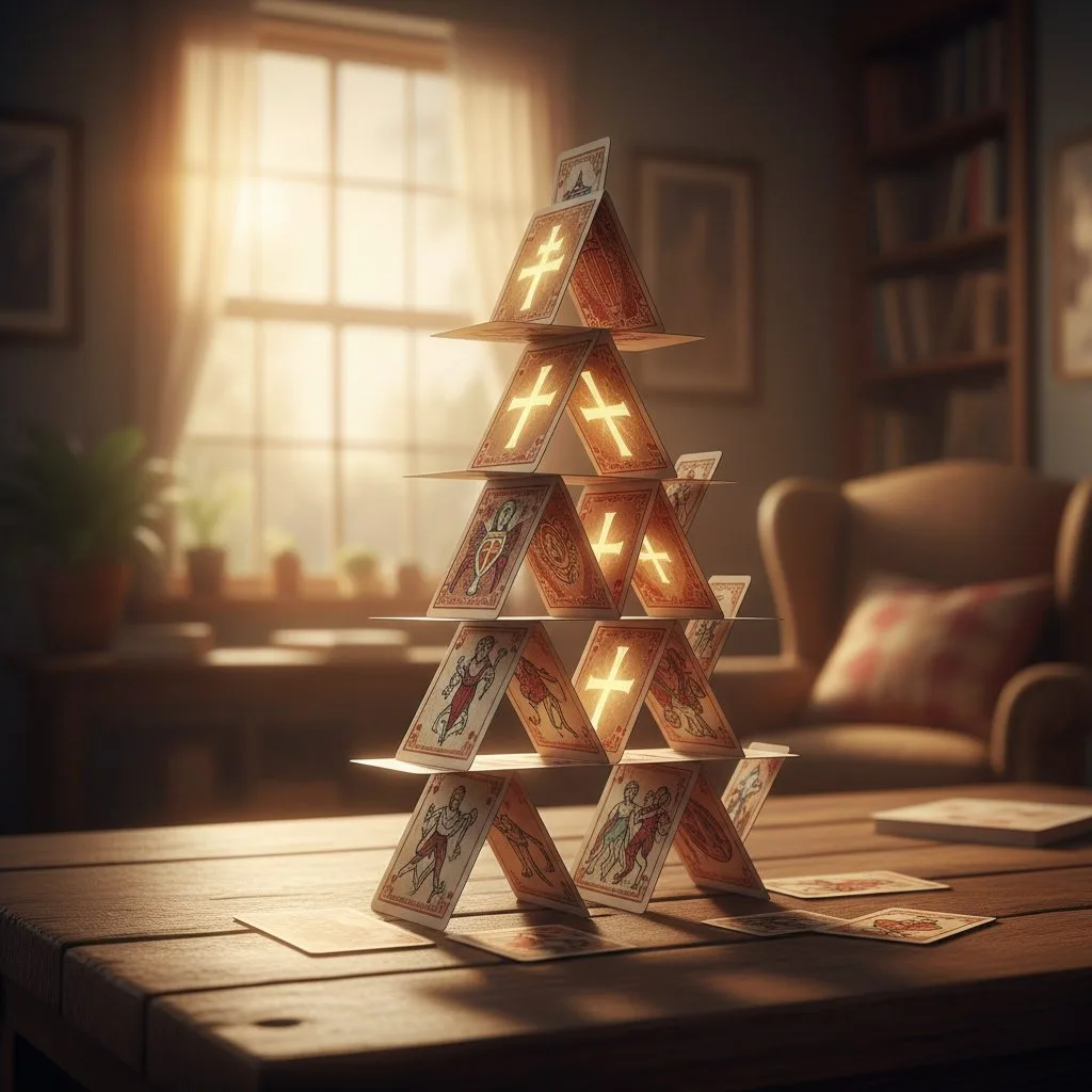 A house of cards collapsing, which illustrates the danger of building your identity in Christ on a flawed, human-centered ...