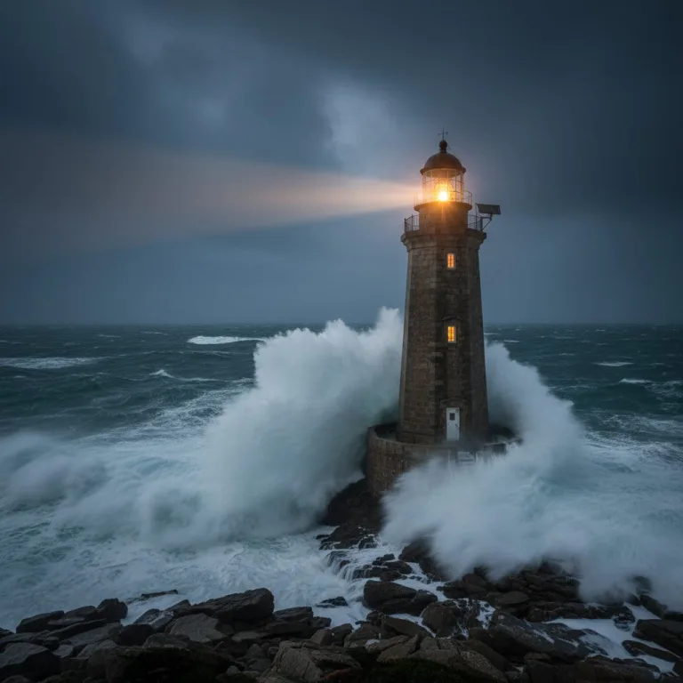A strong lighthouse stands firm against stormy waves, symbolizing the unshakable foundation of our identity in Christ.