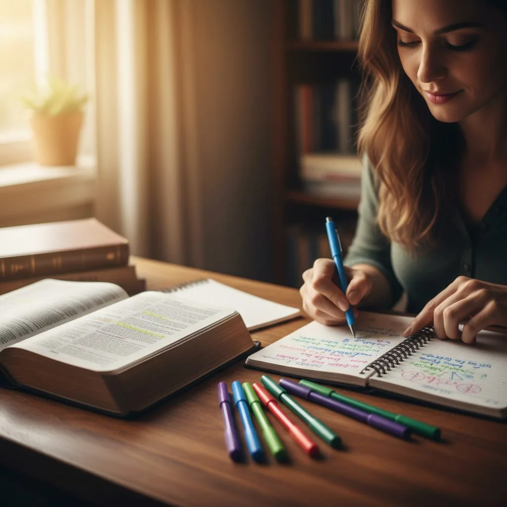 A woman implementing inductive bible study suggestions by carefully observing scripture with a journal and colored pens.