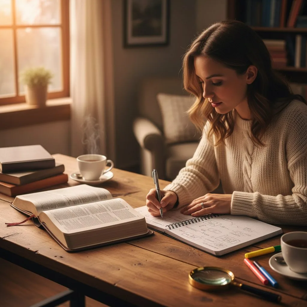 Applying the Inductive Method for Effective Bible Study in the Bible A woman carefully using the inductive method for her personal bible study in the bible, with an open journal and pen.