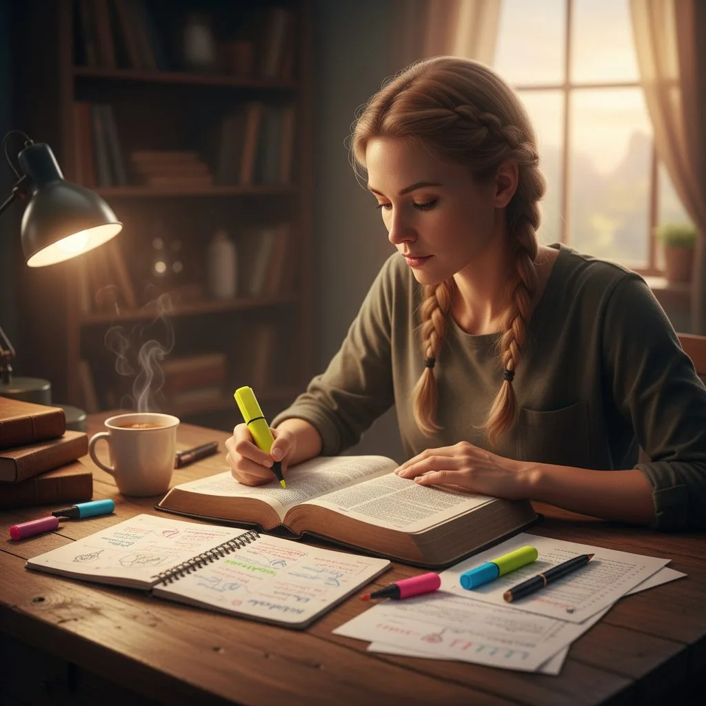 A focused student using the inductive method for the study of bible, with an open Bible, notebook, and highlighters.