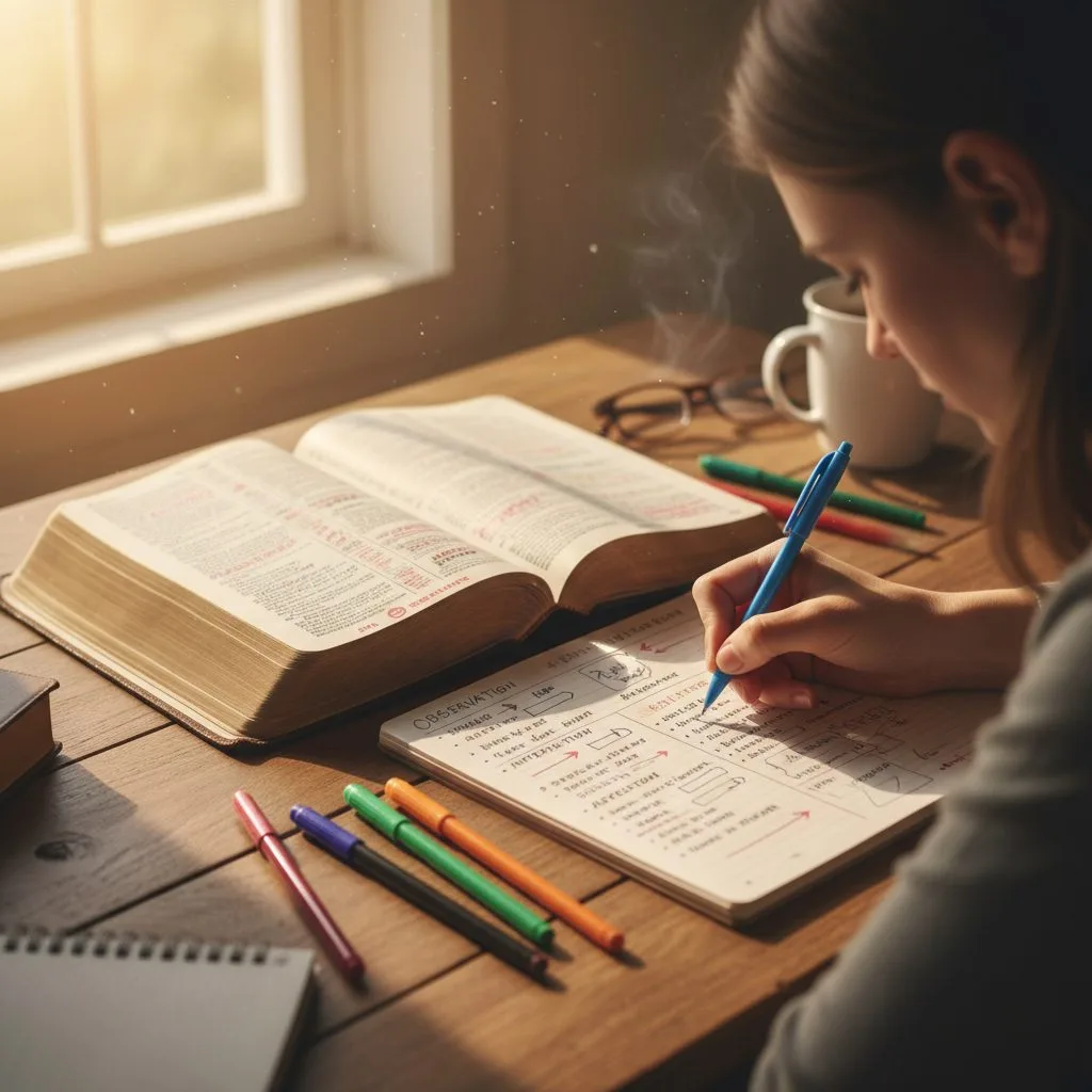 A person engaged in a deep study of scripture using the inductive Bible study method with a notebook and colored pens.