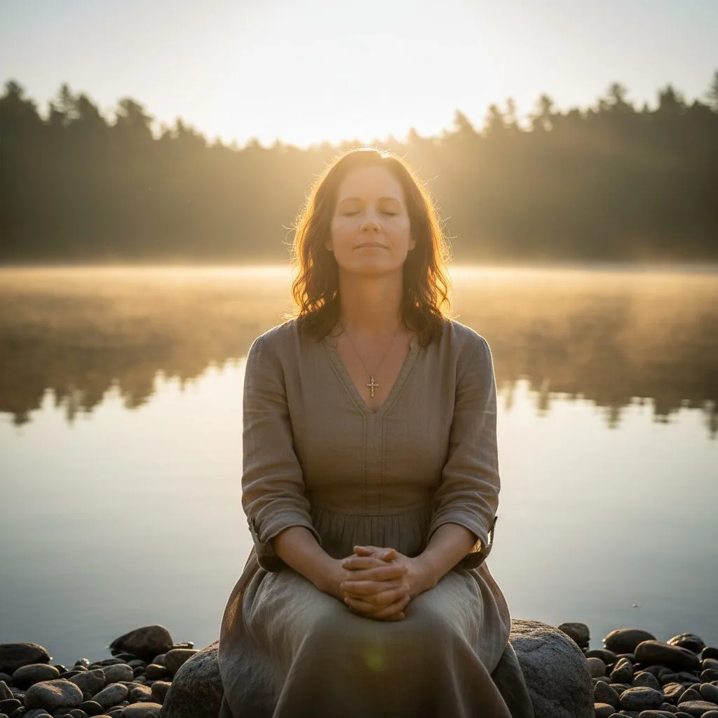 Woman contemplating her integrated christian life by a lake, connecting mind, body, and spirit through prayer and nature.