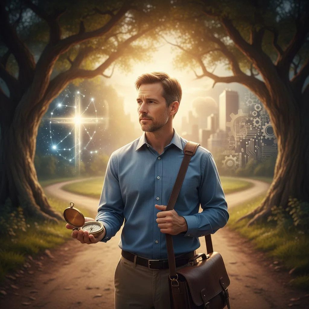 A person at a crossroads holding a compass, illustrating the concept of integrating faith and work to find career direction.