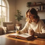 A woman sits in a peaceful, sunlit room, studying the different categories of prayer in an open Bible to enrich her dialog...