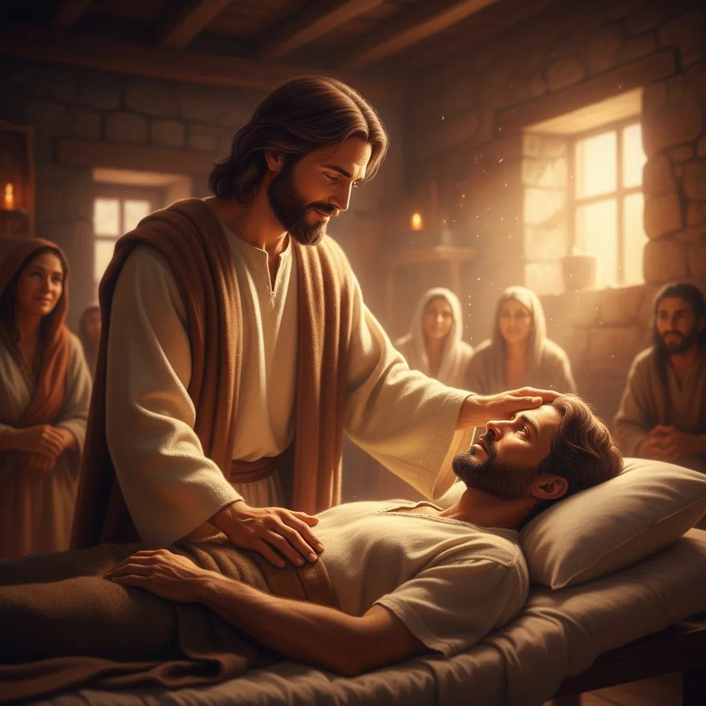 A vivid depiction of Jesus performing one of His miracles of gods healing, compassionately laying a hand on a sick person ...