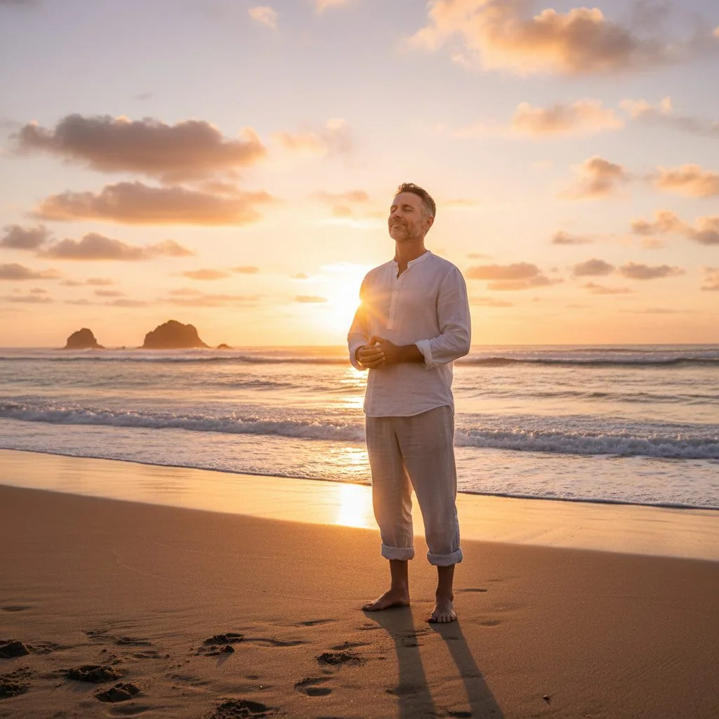 Finding Unexpected Peace by Surrendering to God’s Plan A person peacefully standing on a beach at sunrise, demonstrating the peace that comes from trusting that god is in control.