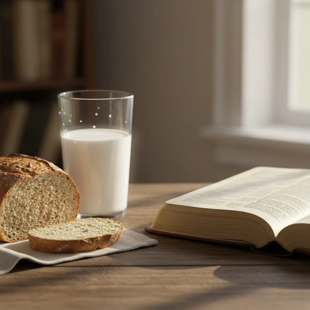 An open Bible next to a glass of milk and a loaf of bread, illustrating a key maturity scripture about spiritual growth.