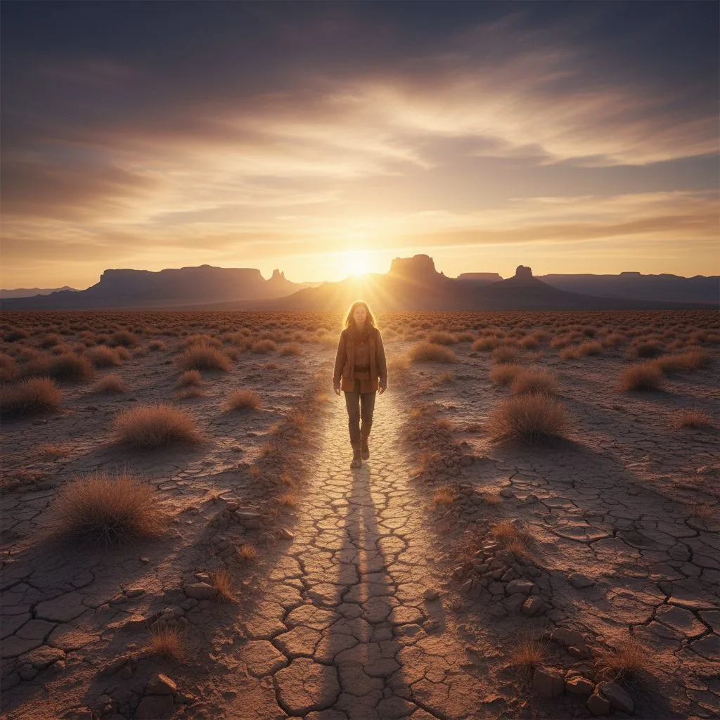 A person walking alone in a dry, barren landscape, symbolizing the challenging seasons of spiritual dryness and the journe...