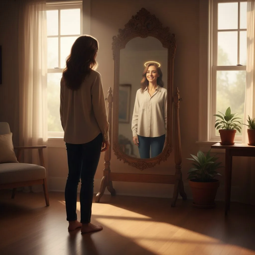 Person looking in a mirror and seeing a brighter, more confident reflection, symbolizing their new identity in Christ.