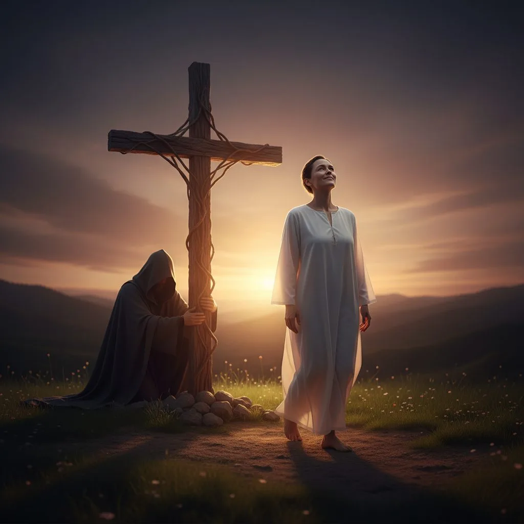The Great Exchange: Becoming a New Creation Into Christ A person leaves their old, shadowy self behind at the cross, representing their new creation and identity into Christ.