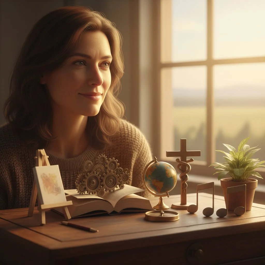 A person looking at various symbols of talents and skills, reflecting on their purpose and how to live one for god.