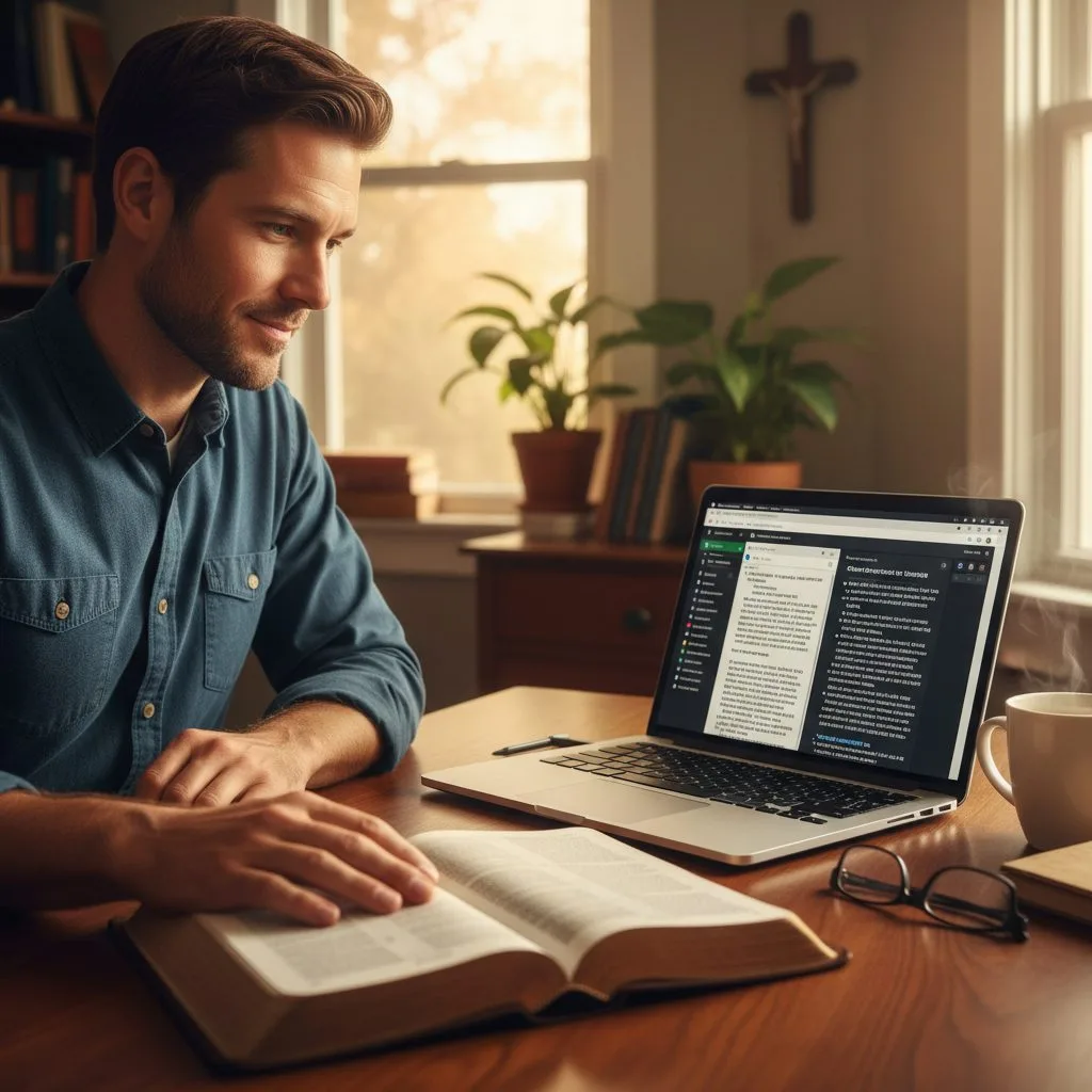 A focused man uses his laptop to access online bible study aids, comparing a digital commentary with his open Bible.