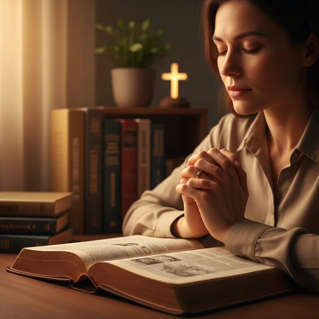 Woman starting with a prayer for bible study to gain a deeper understanding of the scripture before her.