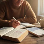 A focused individual undertaking the study of bible with an open scripture, a journal, and a pen for deeper understanding.