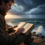 A person finds solace by reading faith and prayer bible verses while sitting on a rock overlooking a stormy sea.