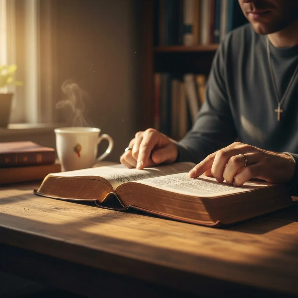 Finding Strength and Hope in Faith in God Bible Verses A person finding hope and encouragement by reading faith in God Bible verses from a well-worn, open Bible in a quiet setting.