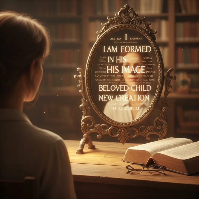 A person looking thoughtfully into a mirror that reflects biblical text, illustrating the use of scripture about my identi...