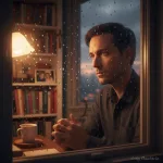 A thoughtful person looking out a rain-streaked window, contemplating their struggle to believe in god.