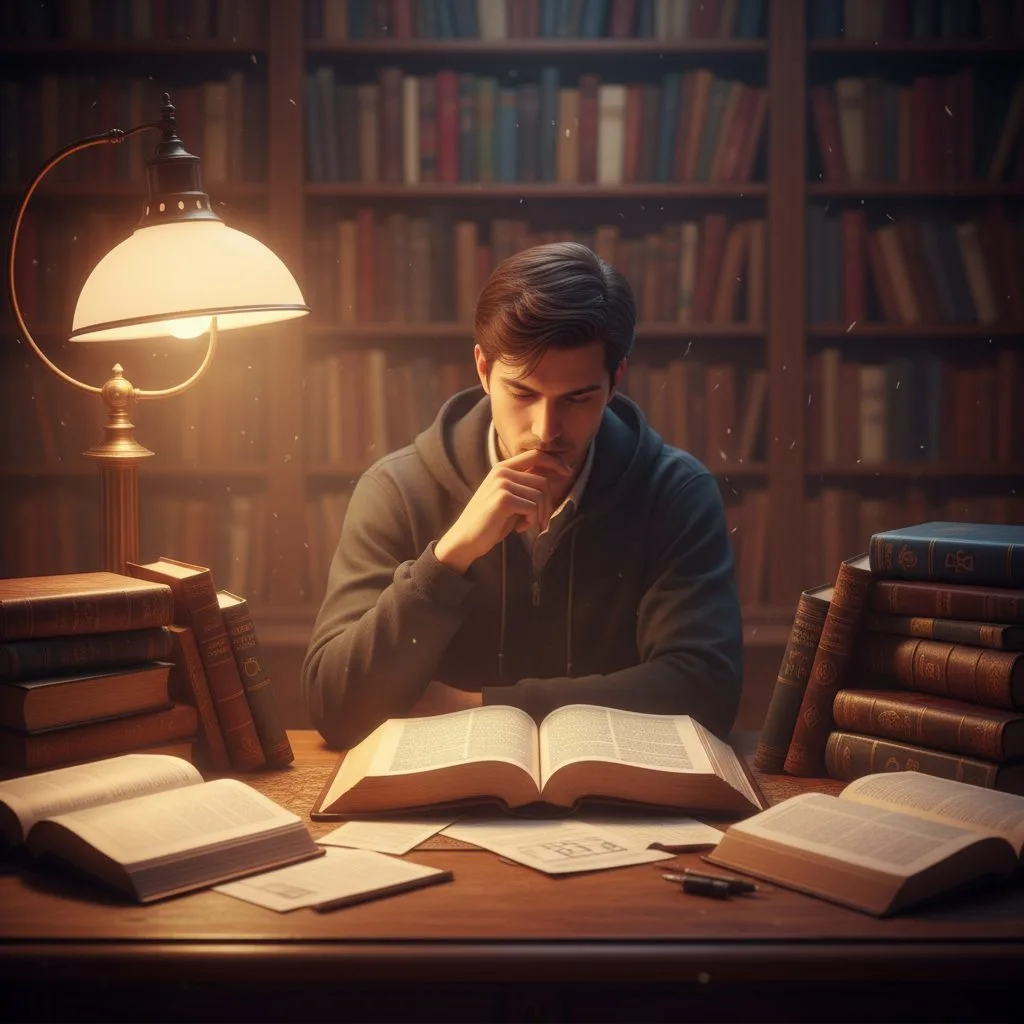 A thoughtful person surrounded by books, exploring the intellectual and philosophical reasons to believe in God.