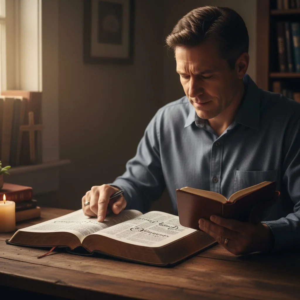 A person carefully studying an open Bible to understand a scripture about having faith and its foundational meaning.