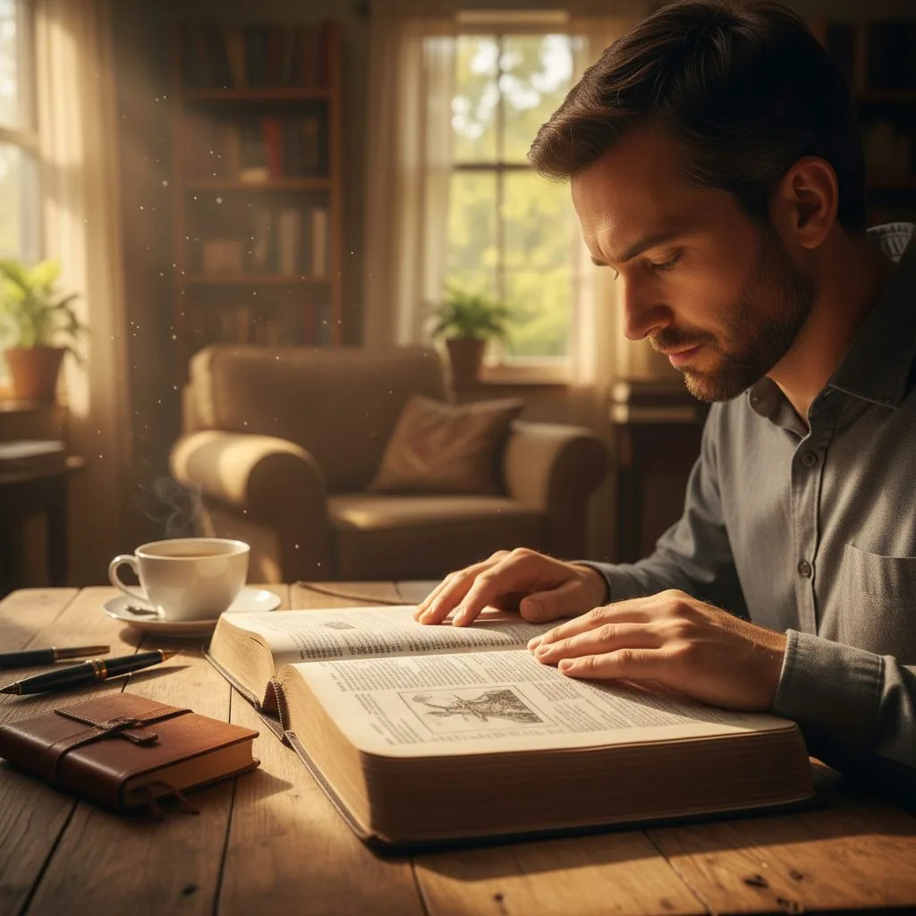 A person studying an open Bible to understand the scripture on who God is, reflecting on His divine character.