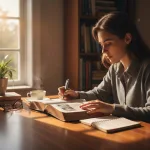 A person starting their journey to understand scripture who God is by studying the Bible in a quiet, sunlit room.