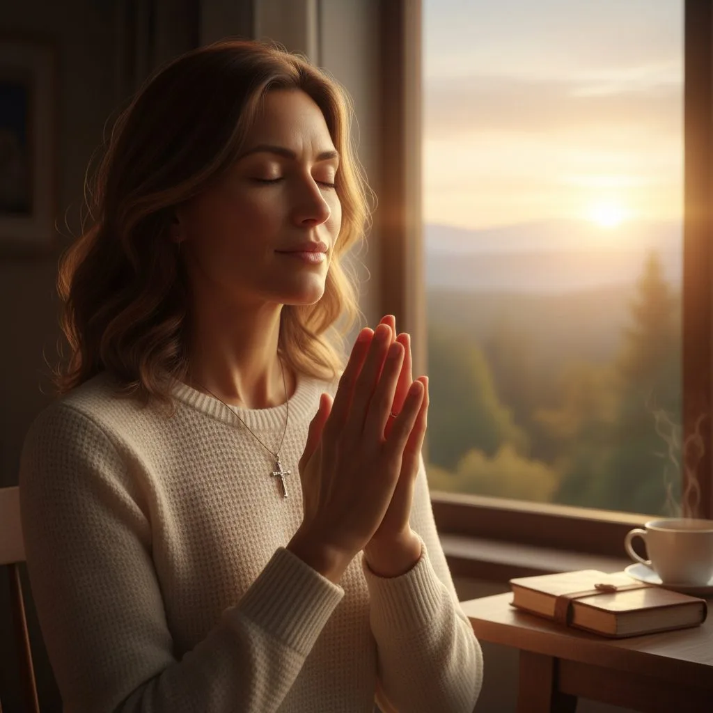 A person in a moment of quiet reflection, using a prayer for calmness to find peace and overcome feelings of anxiety.