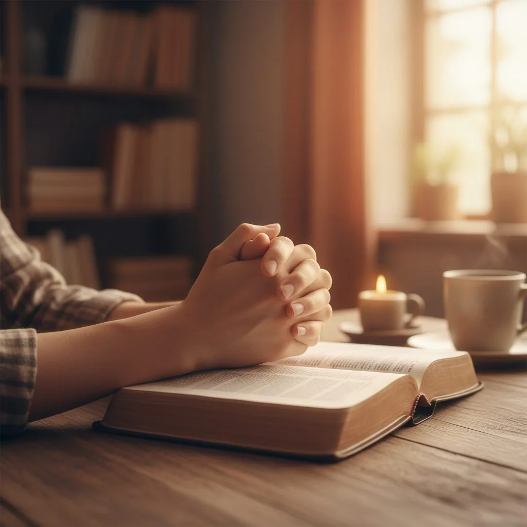 Person with hands clasped over an open Bible, illustrating how to pray before bible study to invite the guidance of the Ho...