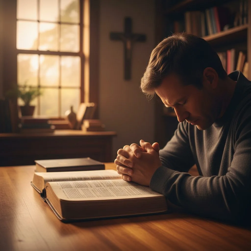A person with their head bowed in a humble prayer for bible study over an open scripture, seeking God's wisdom.
