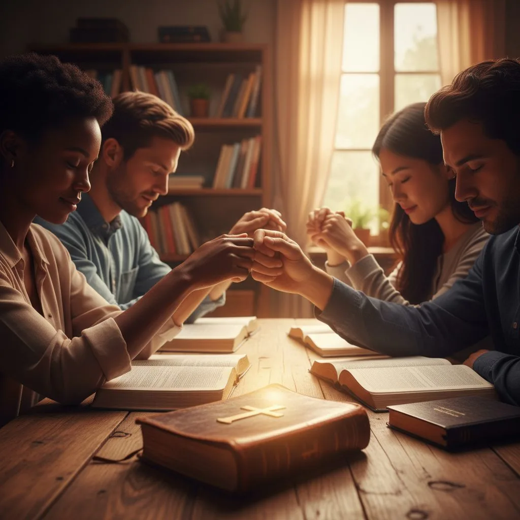The Core Purpose of a Prayer for Opening a Bible Study A diverse group of people leading with a prayer for opening a bible study, with their Bibles open on the table.