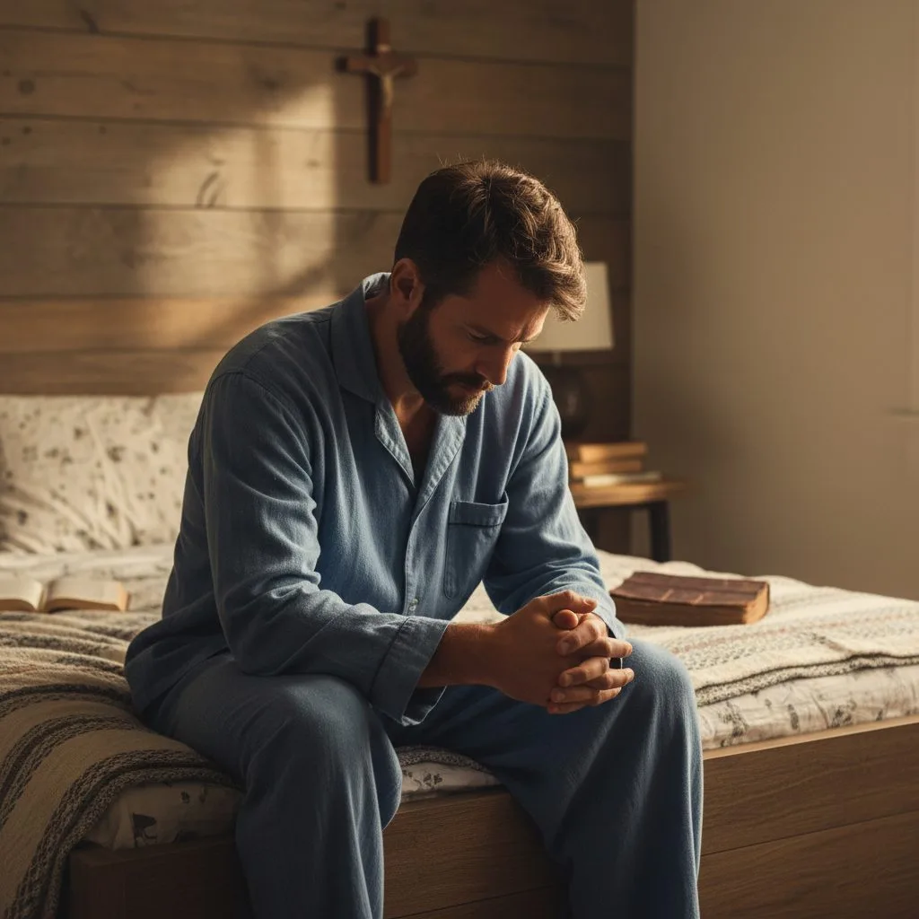 Finding Peace by Praying for Fear as a First Response A man sitting on his bed, head bowed while praying for fear to be overcome, demonstrating faith as a first response to anx...