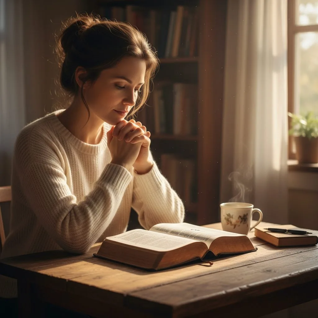 Understanding the Purpose of Prayer and Bible Study Time A woman sits at a wooden table for prayer and bible study, thoughtfully considering the purpose of this sacred time.