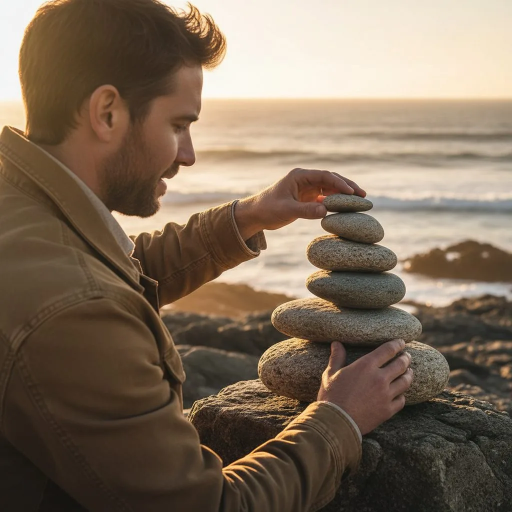A person stacking stones, representing the intentional process of rebuilding the foundations of your faith for spiritual g...
