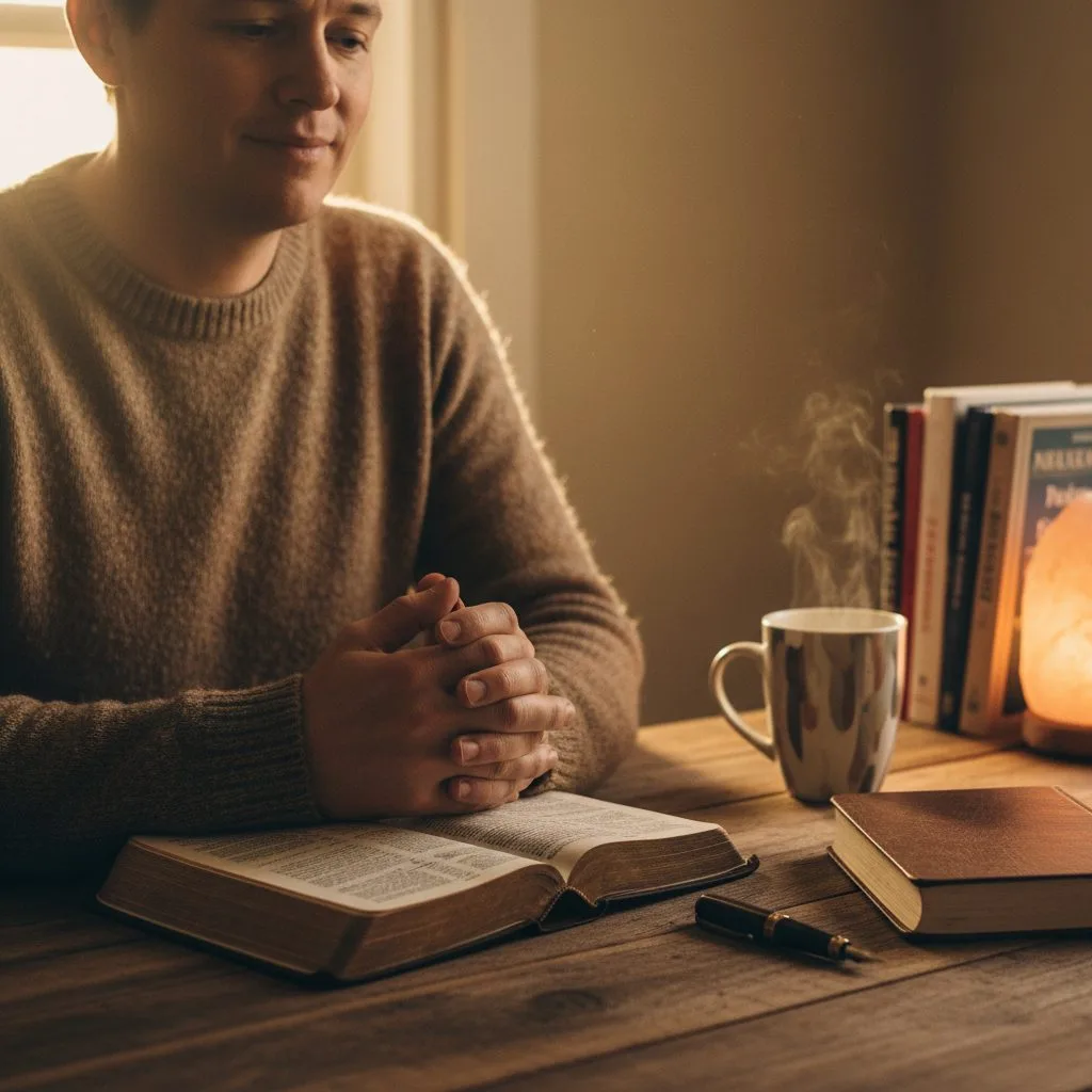 Creating the Right Mindset for Your Bible Study on the Bible A focused individual with a prepared heart ready for a bible study on the bible, sitting with an open scripture and a jour...