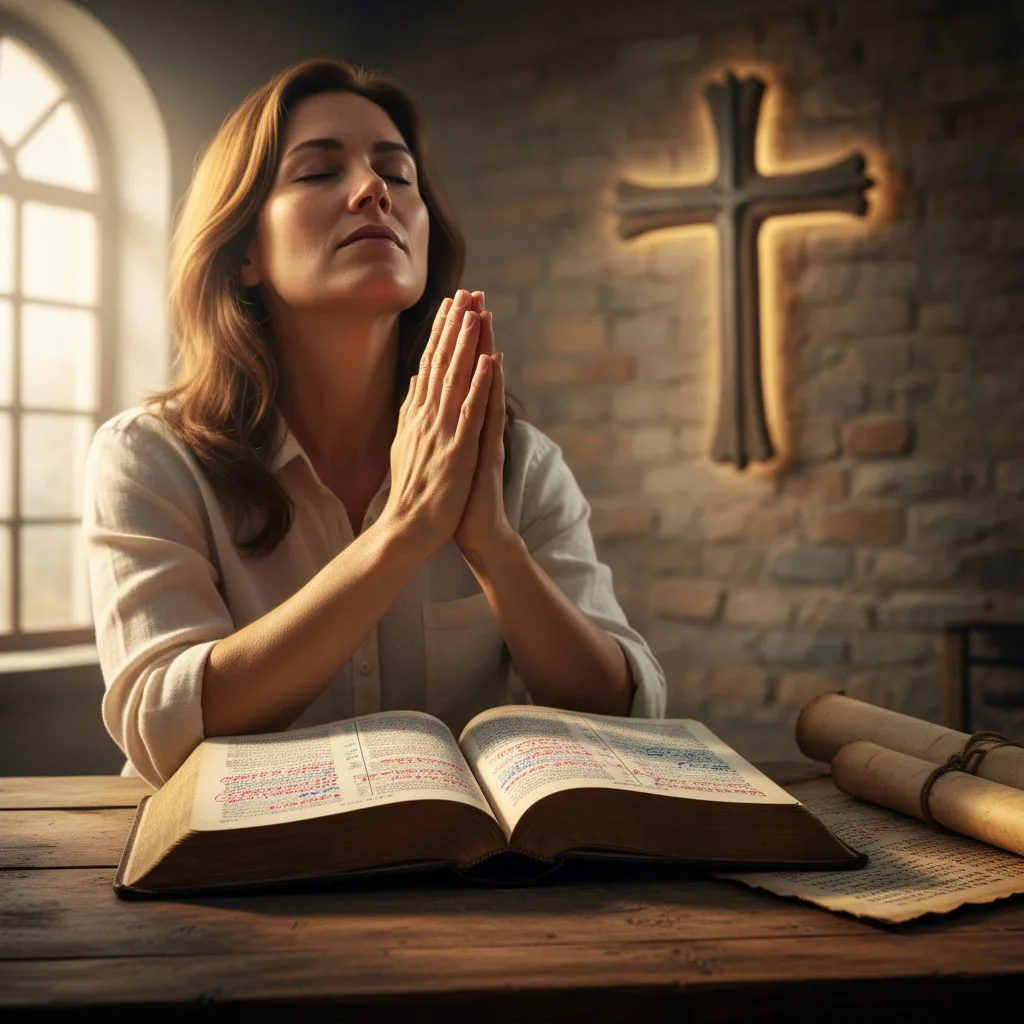 A person making a bold and empowered request to God, strengthened by reading faith prayer bible verses from an open script...