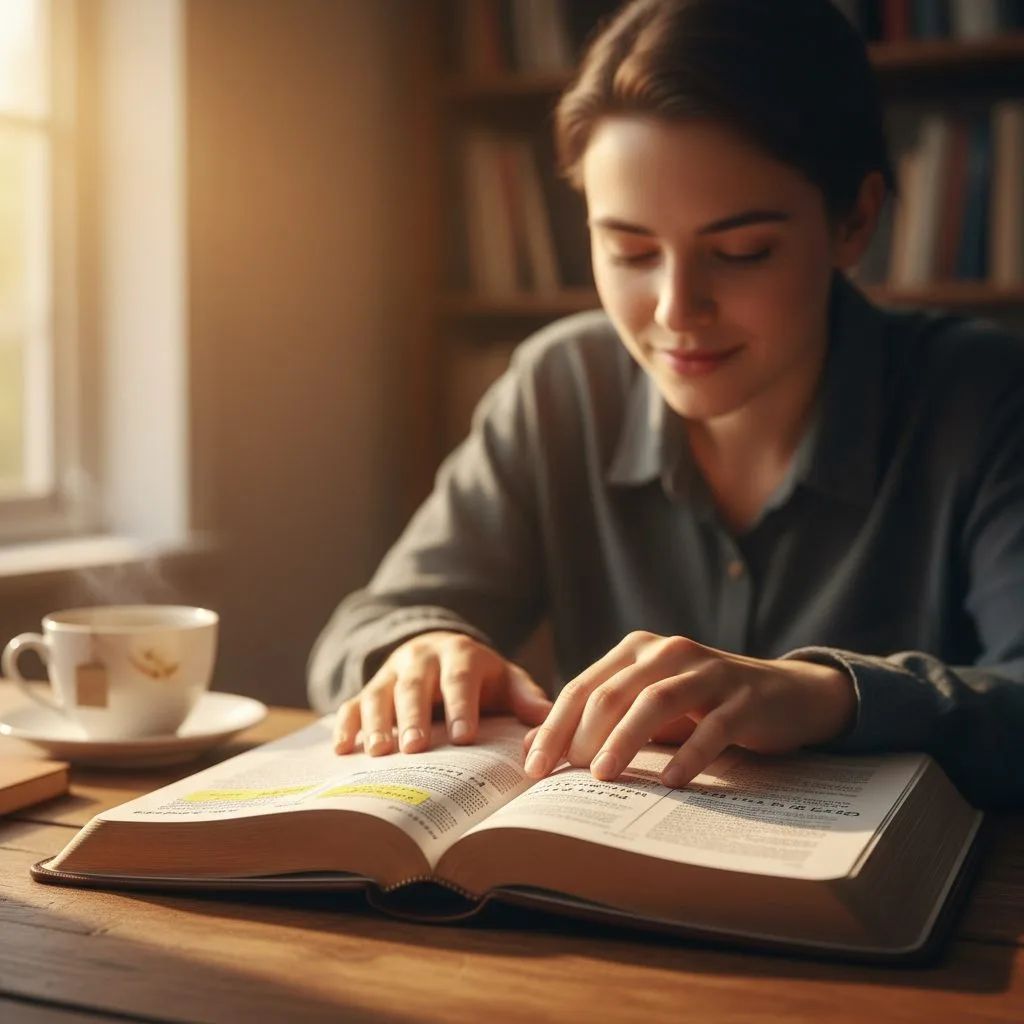 A person peacefully studying scripture about my identity in Christ, reflecting on their adoption as a child of God.