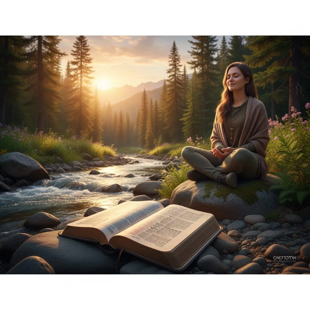 A person in a peaceful nature setting reading the Bible, using scripture for mind healing to find peace and renew their th...